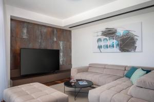 a living room with a couch and a flat screen tv at HADRIE LUXURY RESORT AND VILLAS ROVA b in Vantačići