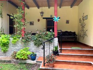 a porch of a house with potted plants at Villas JABEL TINAMIT in Panajachel