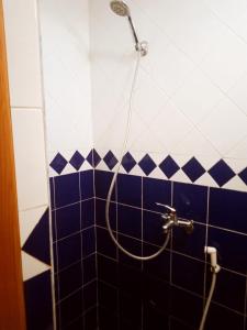 uma casa de banho com um chuveiro com azulejos azuis e brancos em Sweaty house em Essaouira