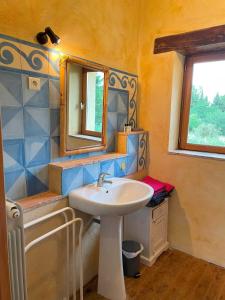 ein Bad mit einem Waschbecken und einem Spiegel in der Unterkunft Mas des Lavandes - 3 gîtes de charme au calme avec grande piscine en Drôme-Provençale in Suze-la-Rousse