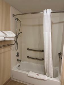 ein Badezimmer mit einer Badewanne mit Duschvorhang in der Unterkunft Tapa Hotel, Inn & Suites in Mahwah