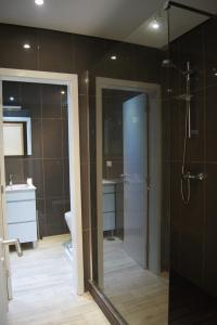 a bathroom with a glass shower and a toilet at Apartamento Formosa in Porto