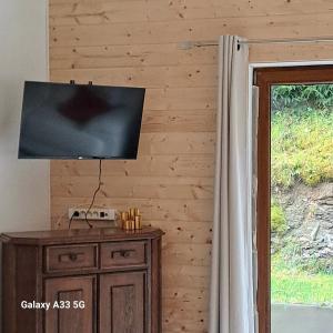 uma televisão em cima de uma parede de madeira com uma janela em Sublime forêt em Rendeux