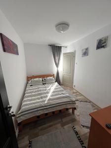 ein Schlafzimmer mit einem Bett in der Ecke eines Zimmers in der Unterkunft Pensiunea Alexia in Petroşani