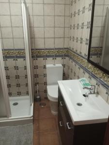 uma casa de banho com um WC, um lavatório e um chuveiro em Hotel Rural Mirador de Solana em Solana de ávila