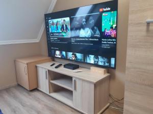 Televízia a/alebo spoločenská miestnosť v ubytovaní Bajnok Apartman