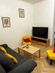 a living room with a couch and a television at Appartement T2 avec terrasse proche cathédrale in Bourges