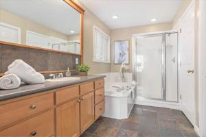 a bathroom with a shower and a toilet and a sink at Union Duplex in Salt Lake with Hot Tub and Park in Midvale +43 photos