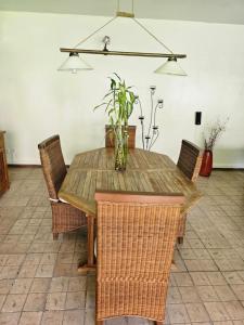 VILLA VALIHA في Koungou: طاولة غرفة طعام مع كراسي الخوص والنبات