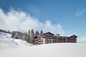 ein Gebäude auf einem verschneiten Hügel mit Bäumen und Schnee in der Unterkunft Hotel Wulfenia 4S - Adults Only in Sonnenalpe Nassfeld