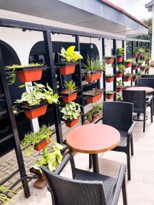 a patio with tables and chairs and potted plants at ADDRESS HOTELS AND TOWERS MAITAMA in Abuja