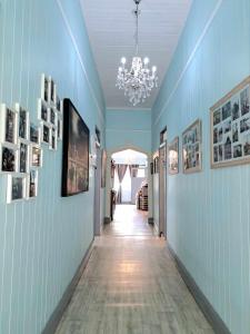a hallway with blue walls and pictures on the walls at Rustic Sunflower in Mount Crosby
