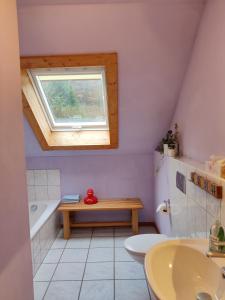 a bathroom with a sink and a toilet and a window at Ferienhaus Route 5 in Elmstein