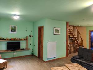ein Wohnzimmer mit einem Sofa und einem TV in der Unterkunft Ferienhaus Route 5 in Elmstein