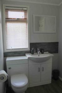 a bathroom with a toilet and a sink and a window at Luxury 3 bedroom lodge with free in lodge wifi in Carnforth +7 photos