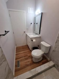 a bathroom with a toilet and a sink and a mirror at St B. Living in Winnipeg