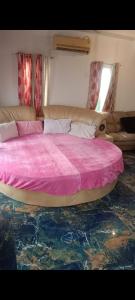 a bedroom with a large bed with a pink blanket at Sun n moon farm in Noida