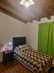1 dormitorio con 1 cama y cortina verde en Departamentos PRANA en Villa Mercedes