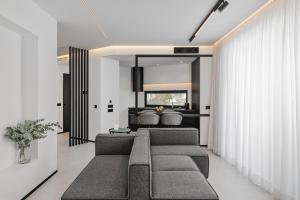 No Stars - Luxury Hotel Apartments في يوانينا: غرفة معيشة مع أرائك رمادية ونافذة