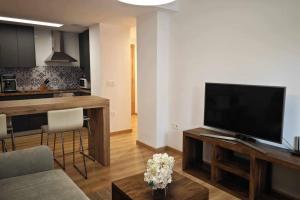 エスカリリャにあるMimosa 4 con terraza - tucasaenlospirineosのリビングルーム(薄型テレビ、テーブル付)