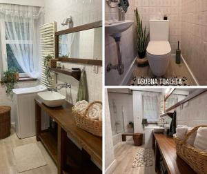 Trois photos d'une salle de bains avec lavabo et toilettes dans l'établissement Dom z Widokiem na JEZIORO Żywieckie i Góry & Balia z jacuzzi, à Zarzecze