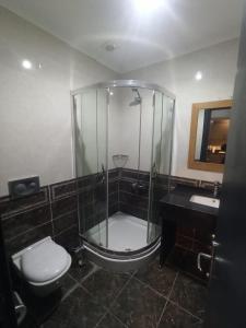 a bathroom with a shower and a toilet and a sink at Ölüdeniz Günlük, haftalık ve aylık apart. in Fethiye