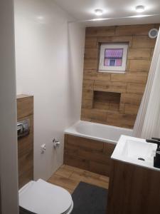 a bathroom with a toilet and a sink and a window at apartament Stary Piec Jedlina Zdrój in Jedlina-Zdrój