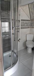 a bathroom with a toilet and a glass shower at Apartament Hokus Pokus in Bardo