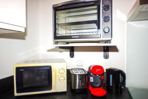 a microwave sitting on top of a kitchen counter at Studio Bacivers coté jardin in Prats-de-Mollo-la-Preste