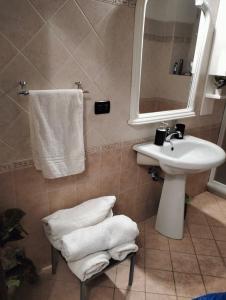 een badkamer met een wastafel, een spiegel en handdoeken bij PALACE COMFORT INN in Pisa
