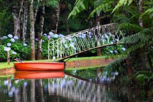 a red boat in the water in a garden at Estalagem Spiller in Monte Verde