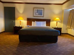Dominion Inn and Suites في ساندستون: غرفه فندقيه بسرير ومصباحين