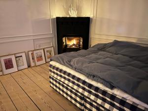 a bedroom with a bed and a fireplace with pictures at Luxury 'Kings Garden View' 260m2 Prime Located Flat in Copenhagen