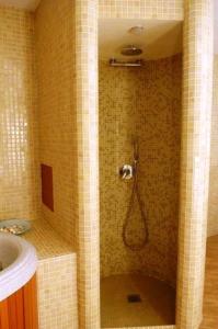 a shower in a bathroom with a sink at Aegeon Hotel in Karlovasi