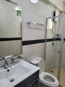 a bathroom with a sink and a toilet and a mirror at Holiday Home in Lautoka