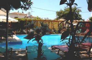 a swimming pool with a table and some plants at Aegeon Hotel in Karlovasi