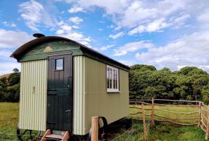 a small green shed sitting in a field at Cefnmachllys Shepherds Huts in Brecon