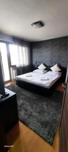 a bedroom with a large bed and a rug at Penzion Ivka in Skalica