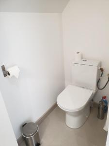 a white bathroom with a toilet and a trash can at Plume - Dormir Comme A La Maison in Guérande +8 photos