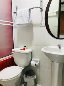 uma casa de banho com um WC branco e um lavatório. em Hotel Sangil Tuluá em Tuluá