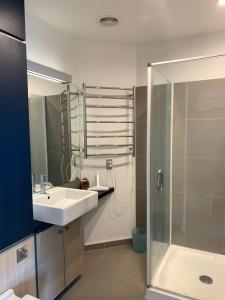 La salle de bains est pourvue d'un lavabo et d'une douche. dans l'établissement Location, location, location!, à Napier