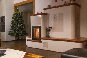 a christmas tree in a living room with a fireplace at Samostatný dom s bazénom v Rajeckej doline 