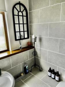 uma casa de banho com um lavatório e um espelho em 50 Etherley Lane em Bishop Auckland