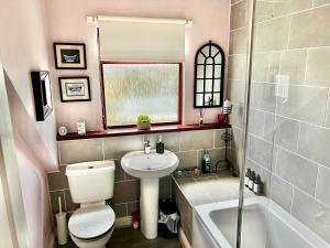 a bathroom with a toilet and a sink and a tub at 50 Etherley Lane in Bishop Auckland