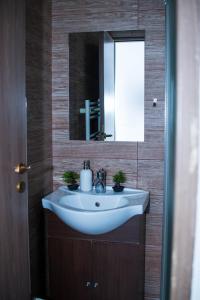 シビウにあるStudio Sonia - Tordosan Central - #1の白い洗面台と鏡のあるバスルーム