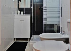 a bathroom with a toilet and a sink and a shower at Apartamento Embaixador Mateus in Lisbon +31 photos