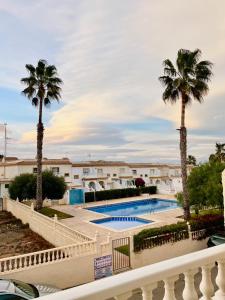 vistas a una piscina con palmeras en Villa Dulce, en Gran Alacant