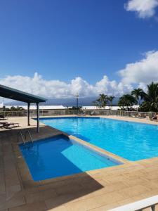 une grande piscine bleue avec l'océan en arrière-plan dans l'établissement RAVISSANT Studio MARINA GOSIER, au Gosier