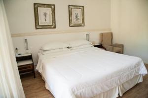 Plaza Caldas da Imperatriz Resort & Spa في سانتو أمارو دا إمبيراتريز: غرفة نوم بسرير ابيض مع وجود صورتين على الحائط