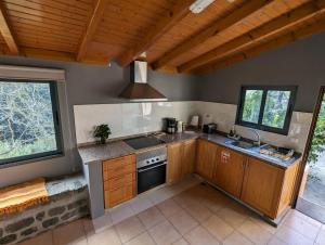 阿科卡希塔的住宿－Casa do Avo，厨房配有木制橱柜和炉灶烤箱。